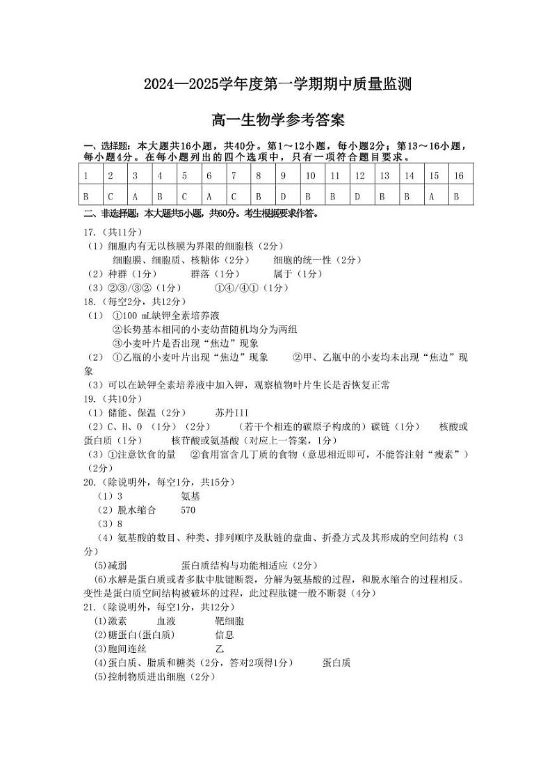 2024—2025学年度第一学期期中质量监测高一生物学参考答案第1页