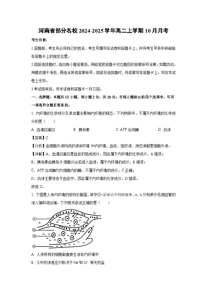 河南省部分名校2024-2025学年高二上学期10月月考生物试卷(解析版)第1页