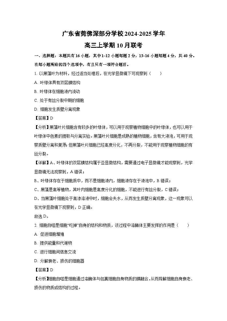 广东省莞佛深部分学校2024-2025学年高三上学期10月联考生物试卷(解析版)第1页