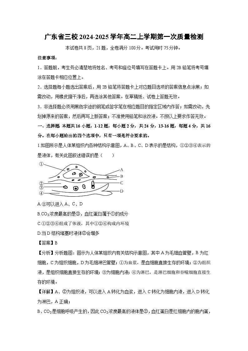 广东省三校2024-2025学年高二上学期第一次质量检测月考生物试卷(解析版)第1页