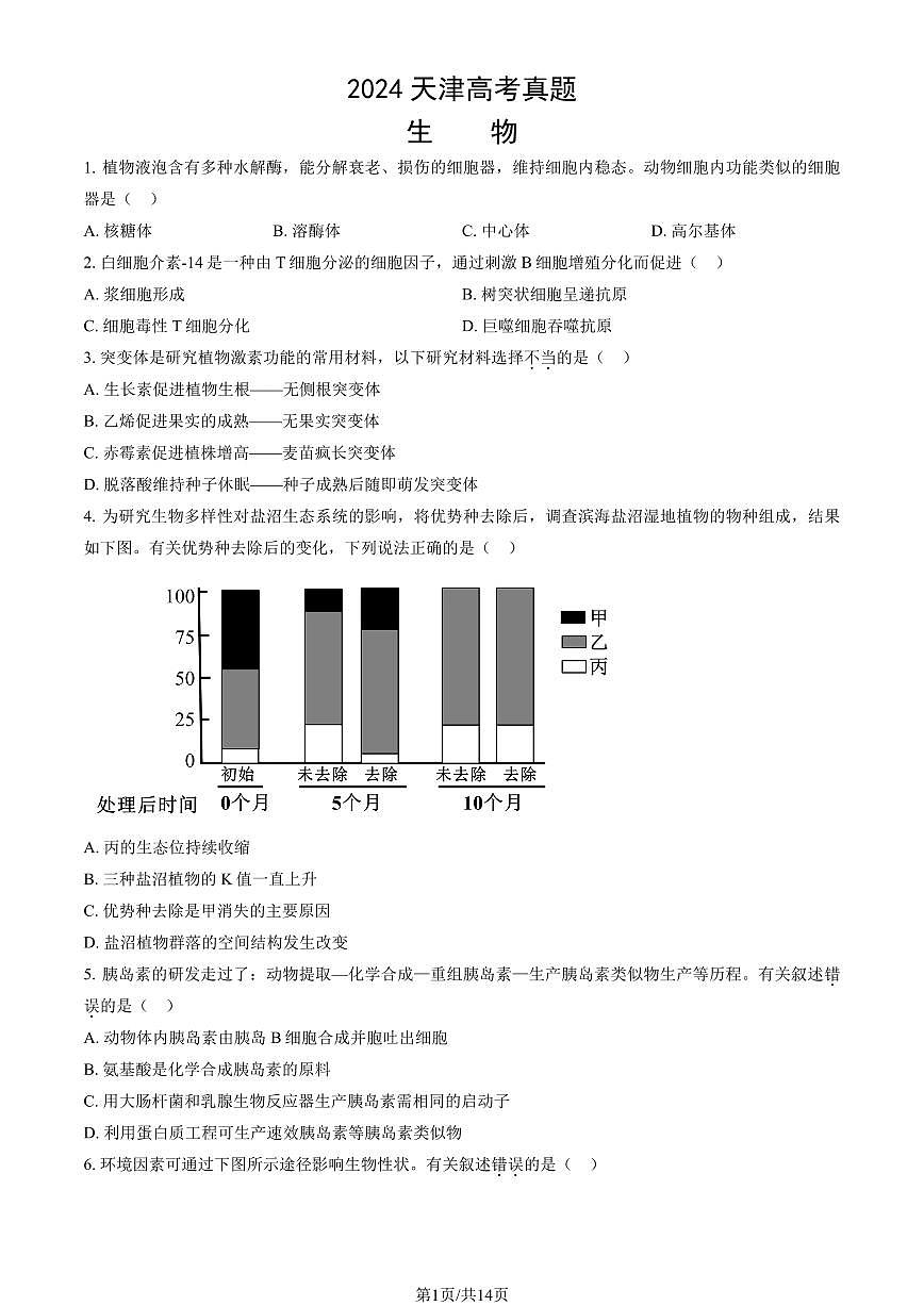 2024天津高考真題生物試卷（教師版）第1頁