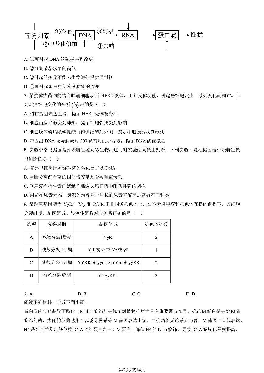 2024天津高考真題生物試卷（教師版）第2頁