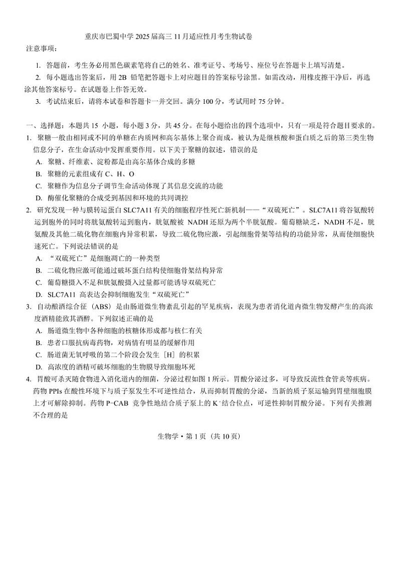 重庆市巴蜀中学2025届高三上学期11月适应性月考生物试卷(含答案)第1页