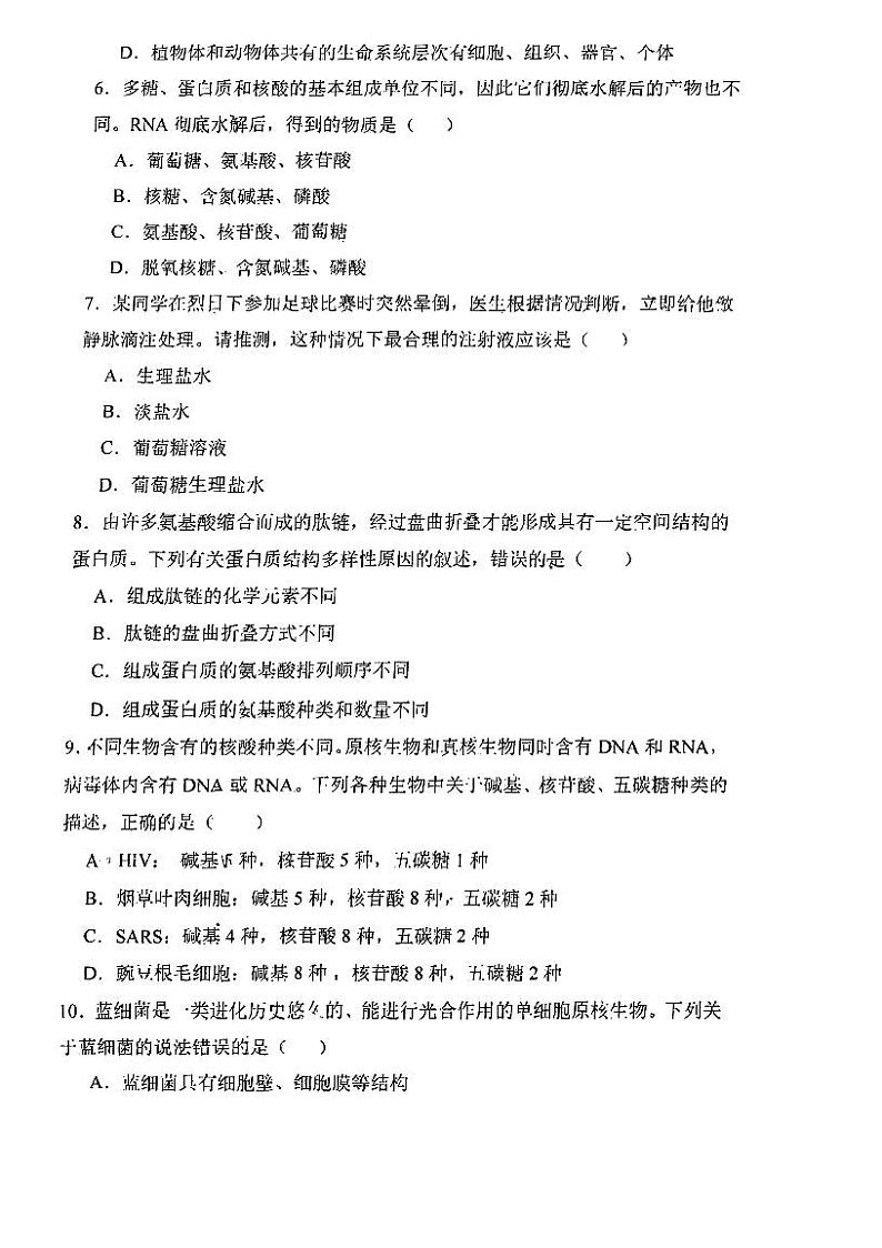 四川省内江市第七中学2024-2025学年高一上学期期中考试生物试卷第2页