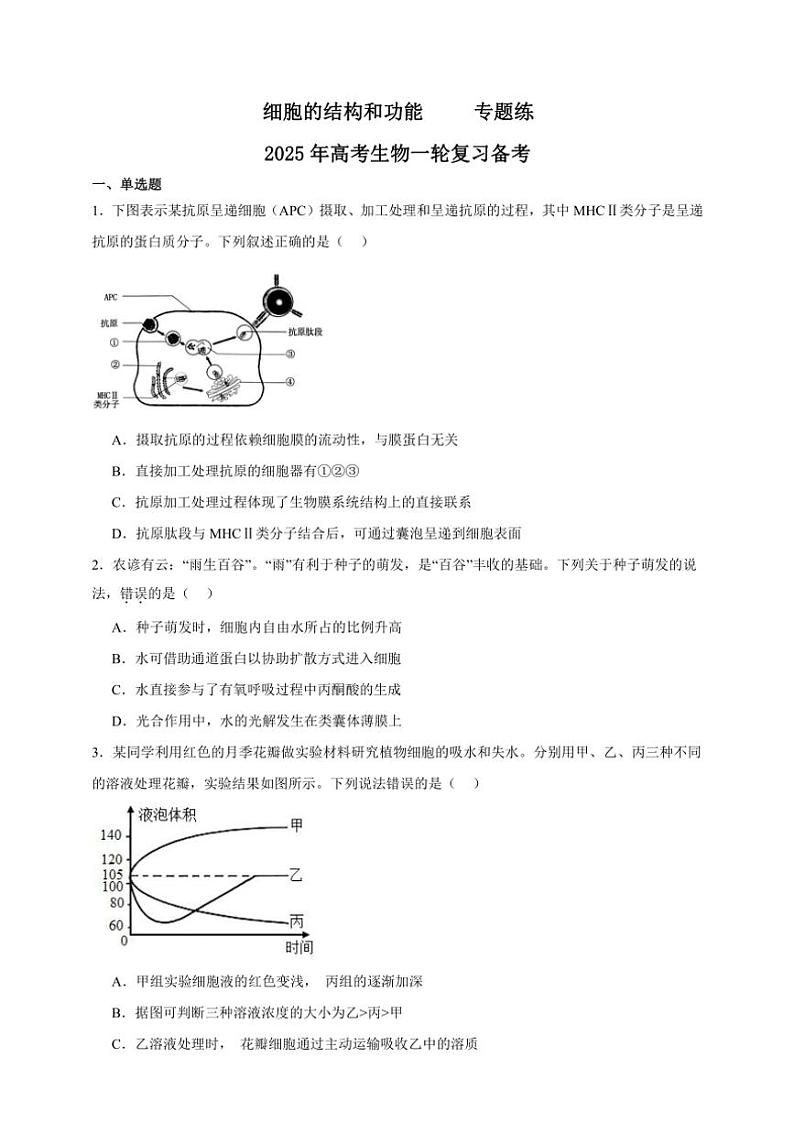 2025年高考生物一轮复习 细胞的结构和功能 专题练第1页