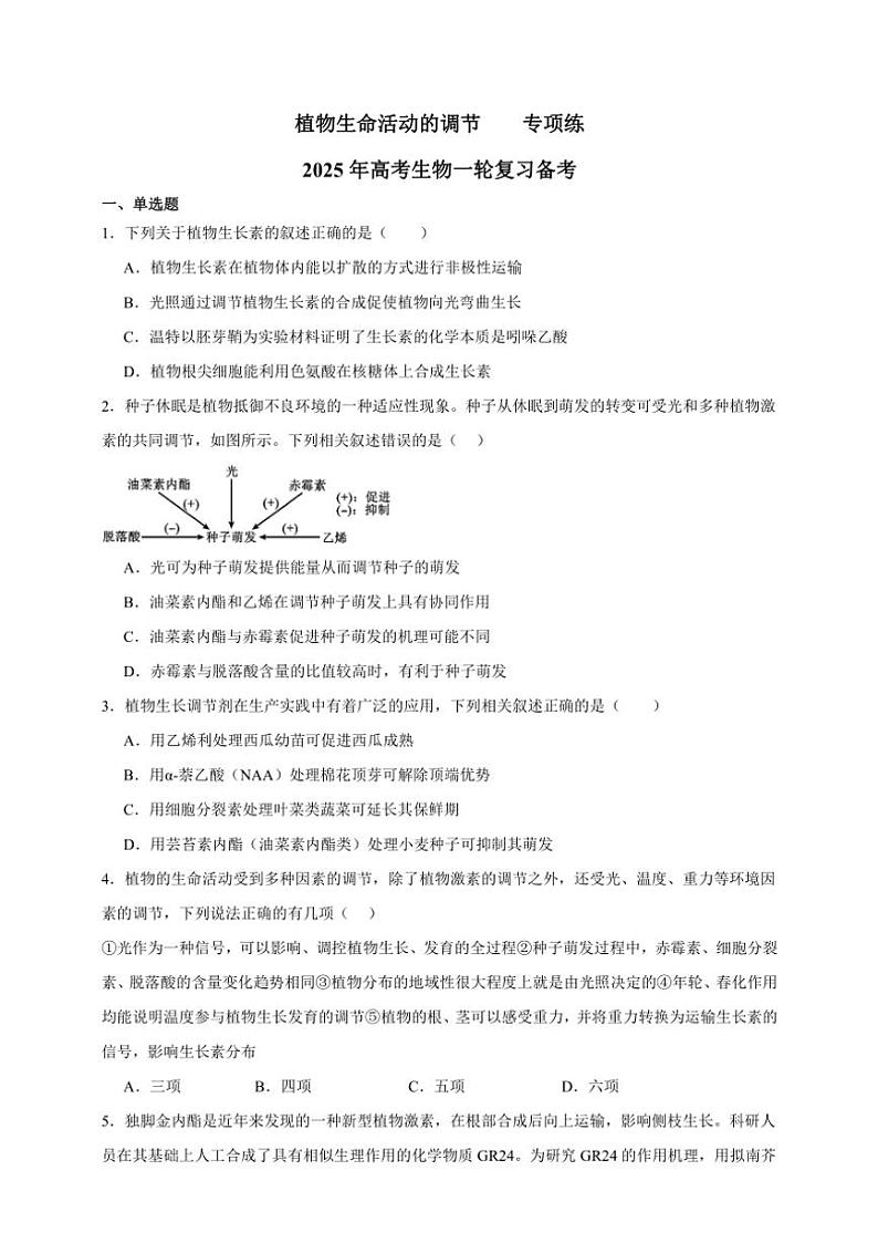 2025年高考生物一轮复习 植物生命活动的调节 专项练第1页