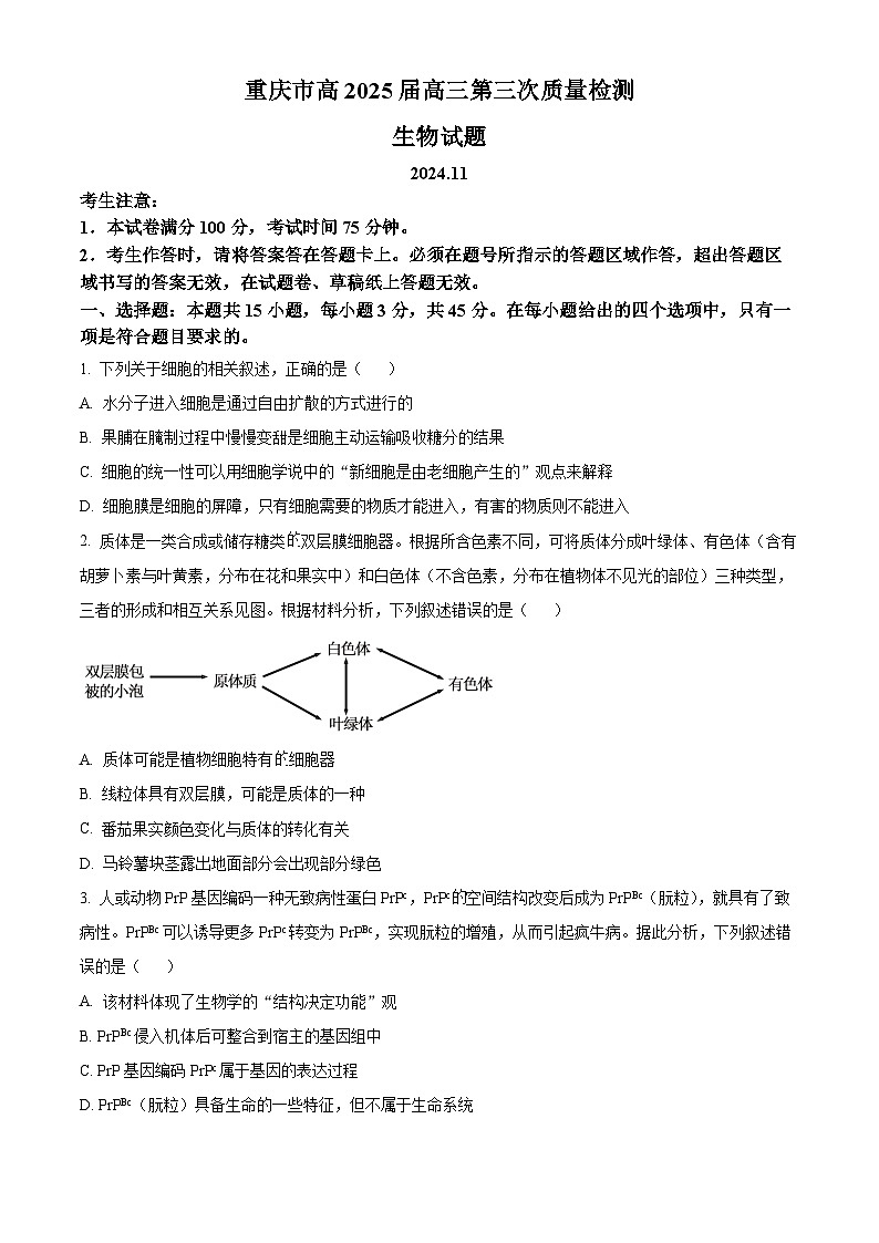 2025届重庆市高南开中学高三第三次质量检测生物试卷 Word版无答案第1页