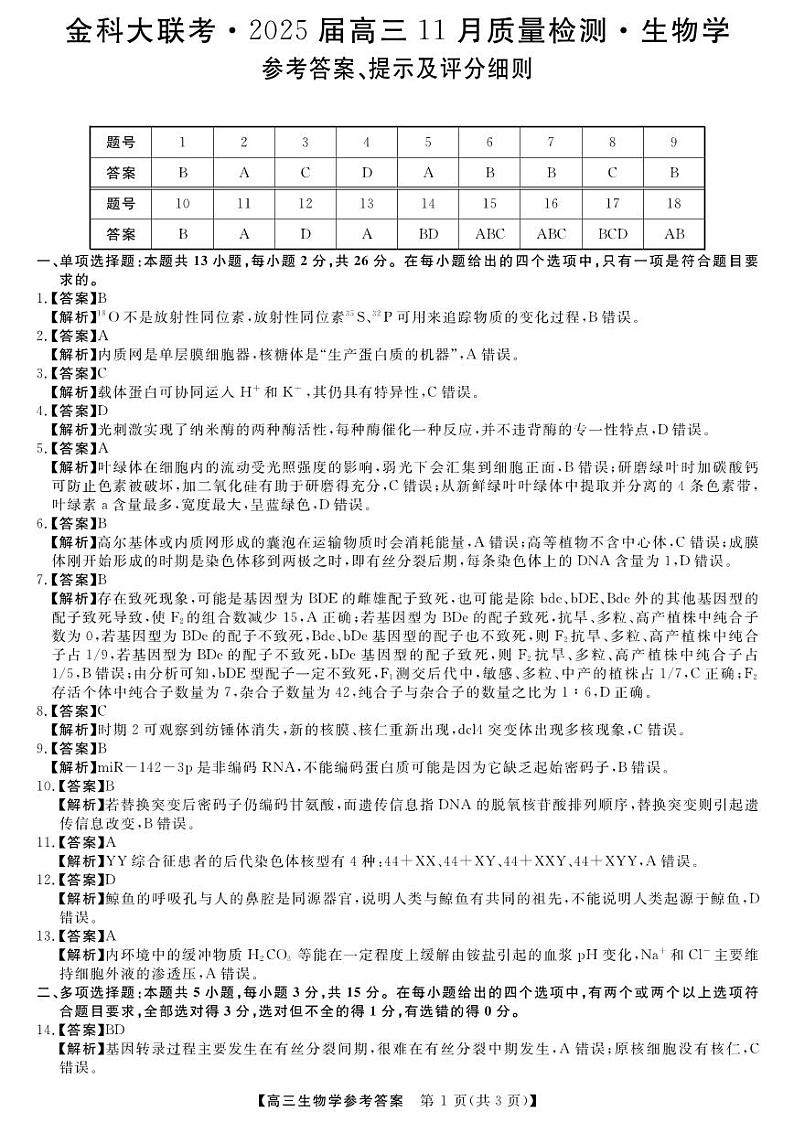 河南省金科新未来大联考2024-2025学年高三上学期11月月考生物试题+答案01