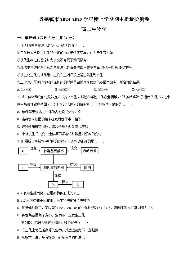 江西省景德镇市2024-2025学年高二上学期11月期中生物试题  Word版无答案第1页