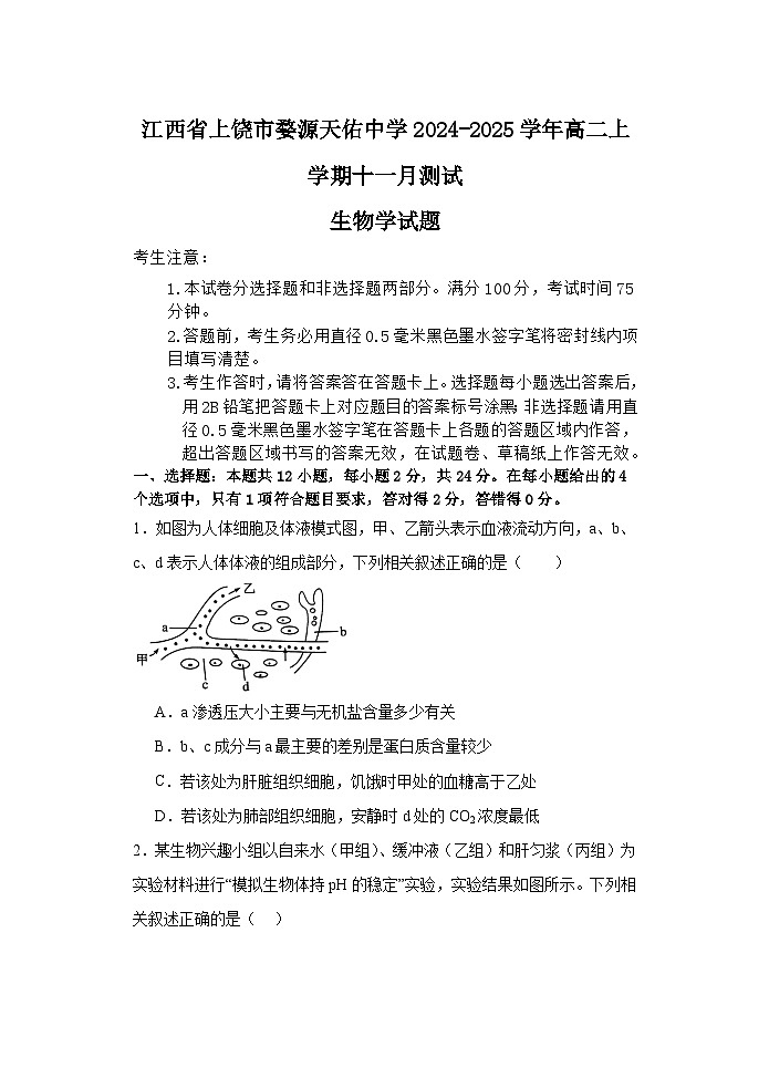 江西省上饶市婺源天佑中学2024-2025学年高二上学期11月测试生物试题第1页