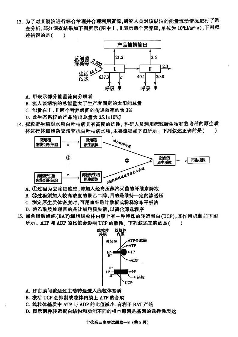 浙江省金华十校2025届高三模拟考试(一模)生物试卷+答案第3页