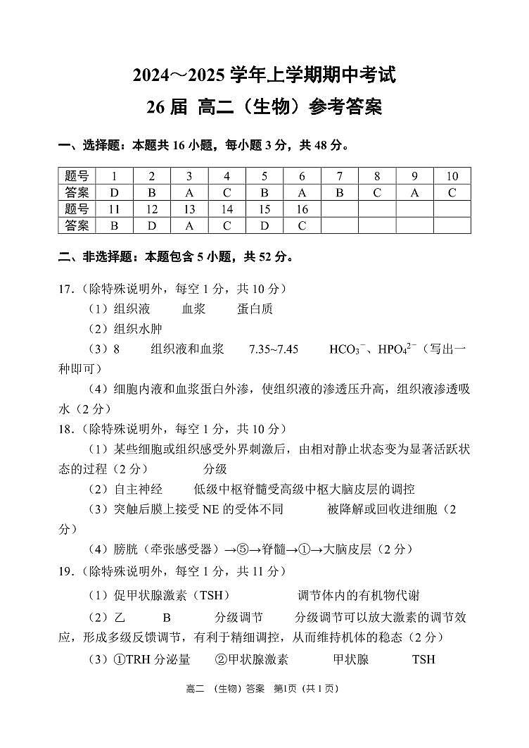 26屆高二上學期期中生物答案第1頁