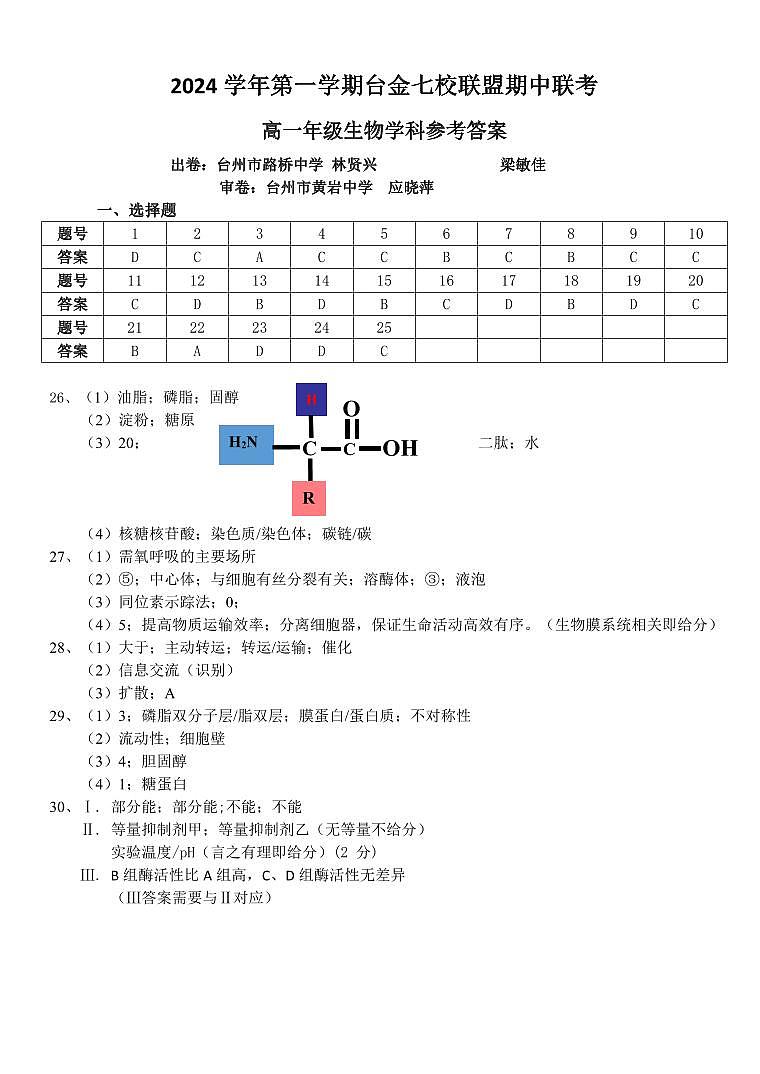 高一生物答案第1页