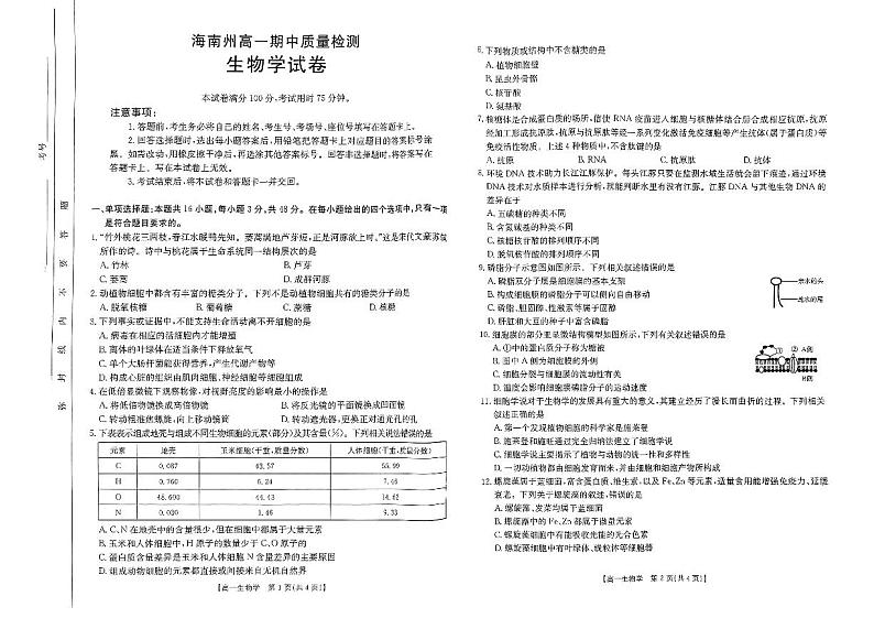 扫描件_生物学试卷第1页