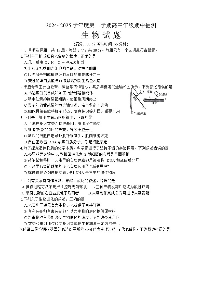 2025徐州高三上学期11月期中考试生物含答案01