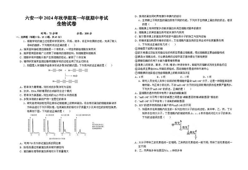 安徽省六安市第一中学2024-2025学年高一上学期11月期中生物试题第1页