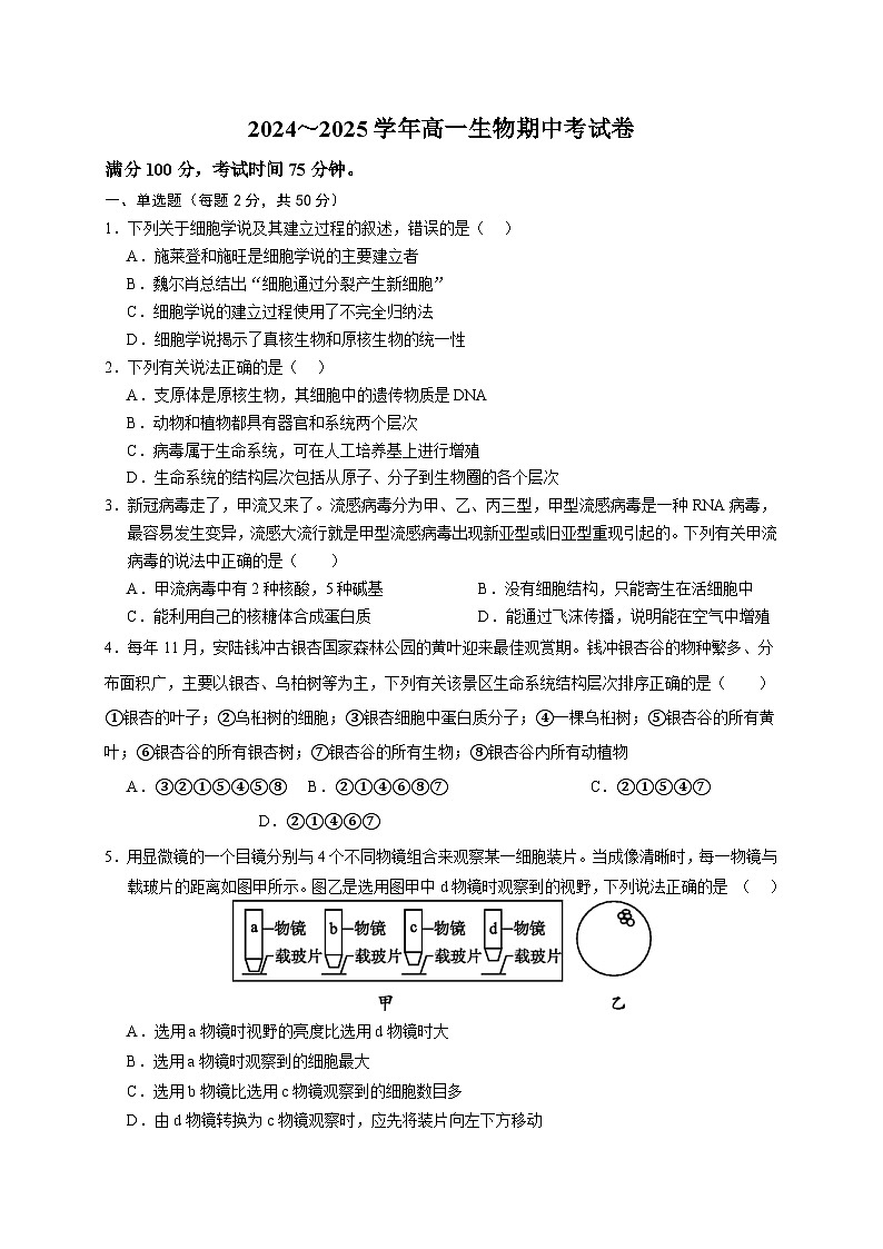 安徽省六安市裕安区六安市独山中学2024-2025学年高一上学期11月期中生物试题第1页