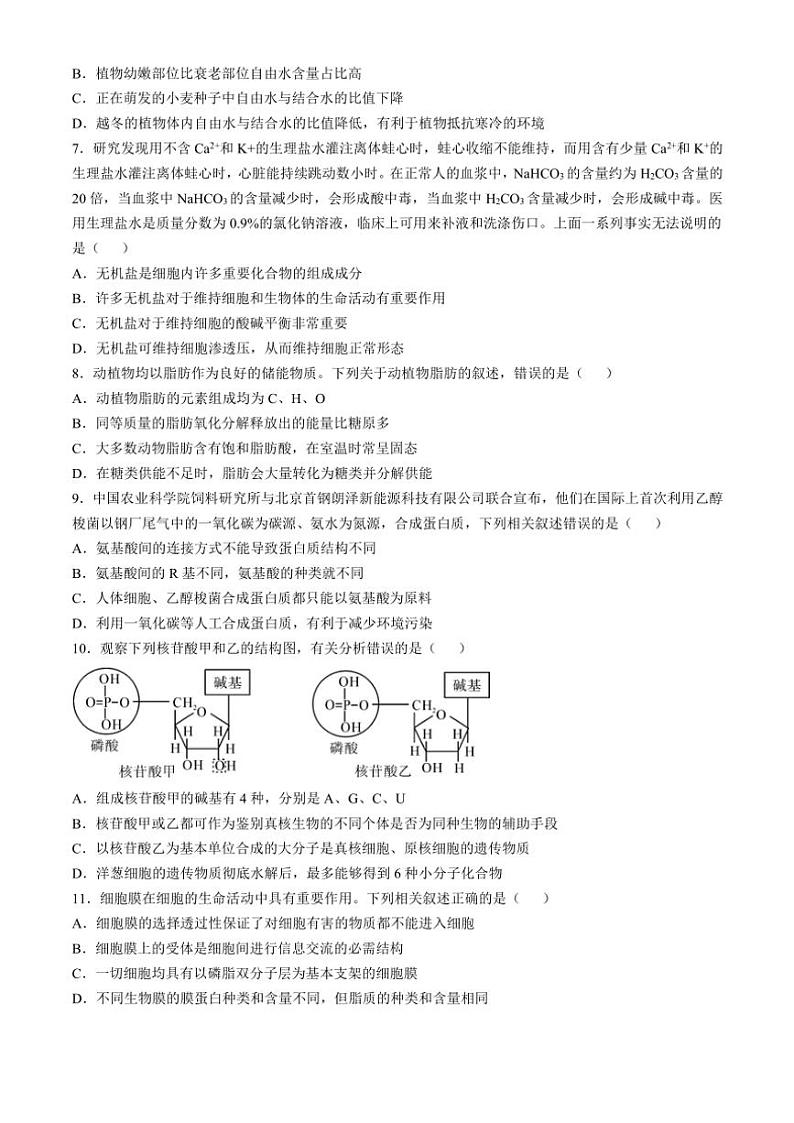 2024~2025学年安徽省蚌埠市A层高中高一(上)期中生物试卷(含答案)第2页