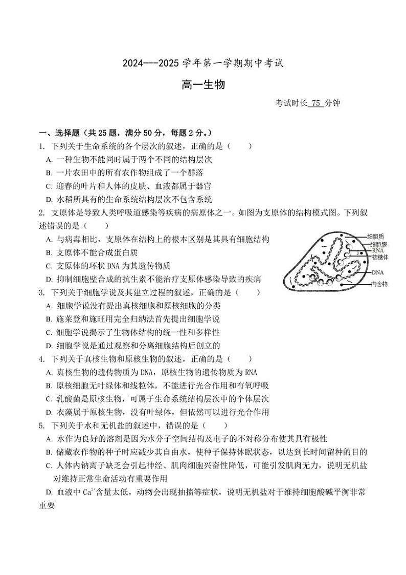 2024~2025学年福建省厦门市湖滨中学高一(上)期中生物试卷(含答案)第1页