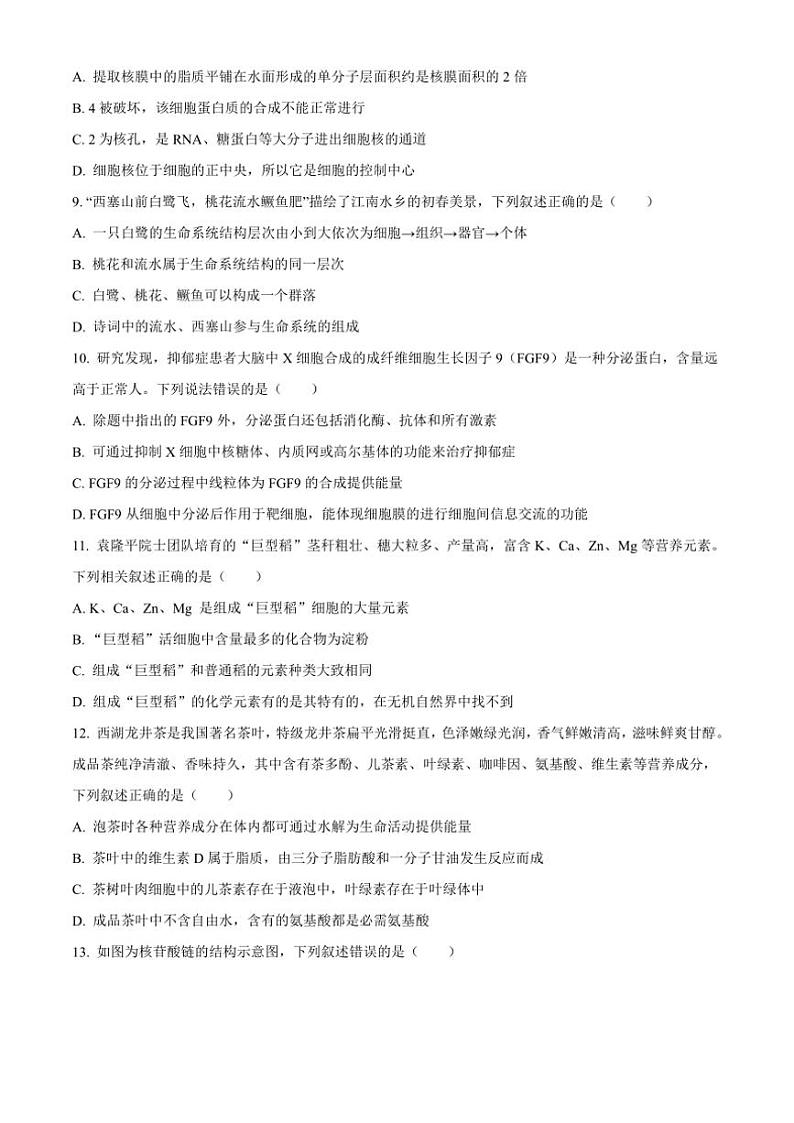 2024~2025学年广东省清远市九校高一(上)期中联考试卷生物(含答案)第3页