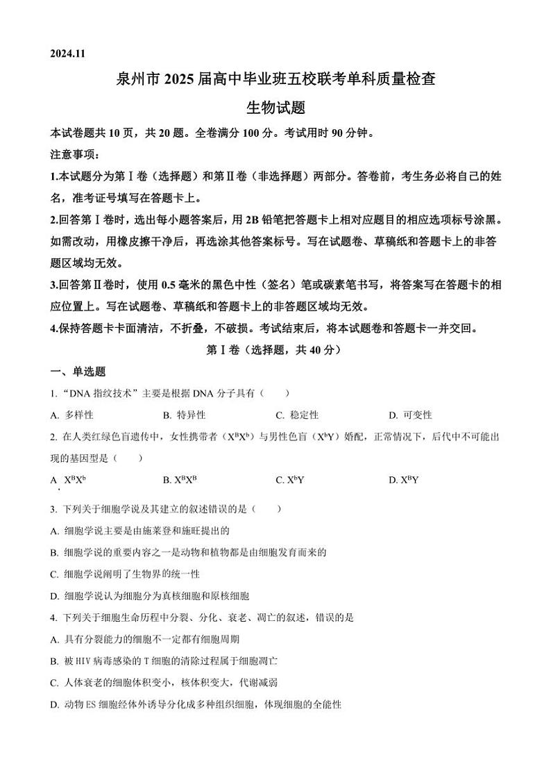 2024~2025学年福建省泉州市五校高三(上)期中联考试卷生物(含答案)01