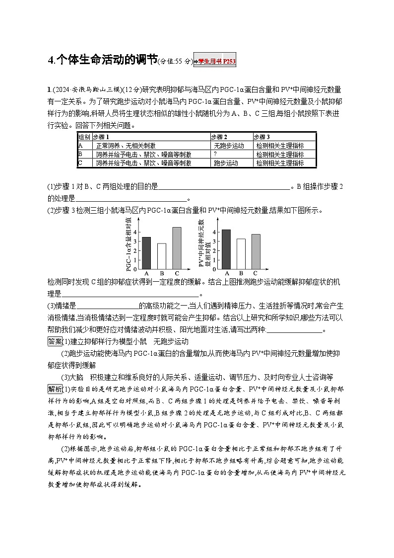 备战2025年高考二轮复习生物(通用版)大题分析与表达练4个体生命活动的调节(Word版附解析)01
