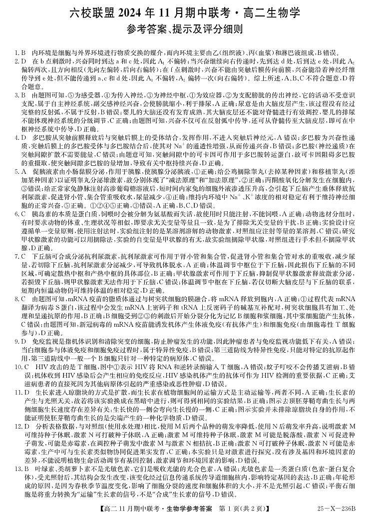 河北省保定市六校2024-2025学年高二上学期11月期中生物答案第1页