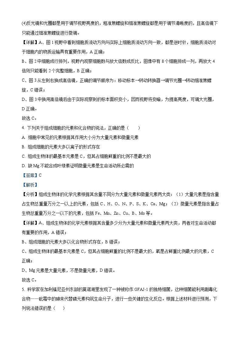 精品解析:安徽省宿州市省示范高中2024-2025学年高一上学期期中教学质量检测生物试题(解析版)第3页