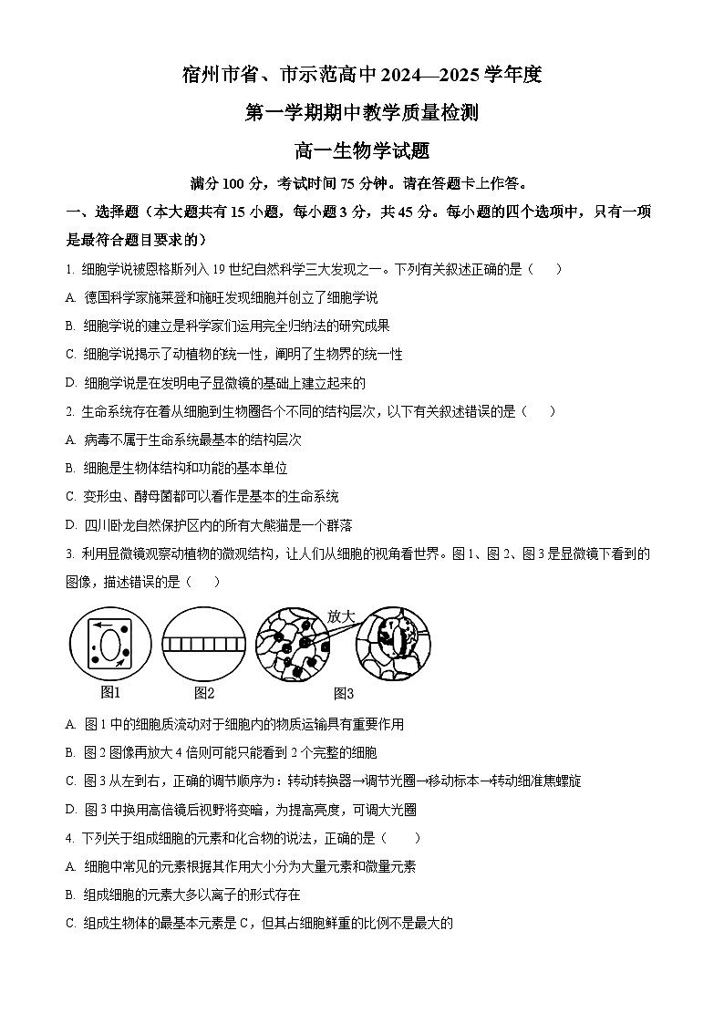 精品解析:安徽省宿州市省示范高中2024-2025学年高一上学期期中教学质量检测生物试题(原卷版)第1页