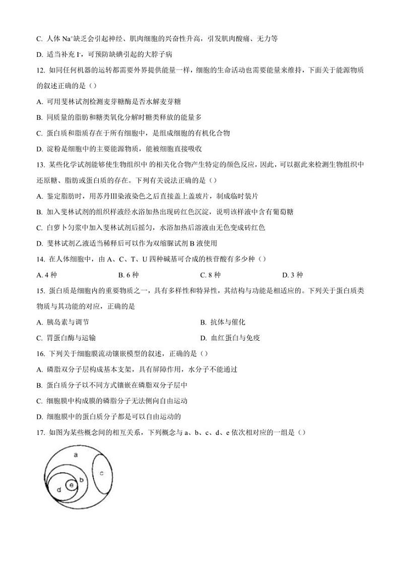 四川省成都市第十二中学(四川大学附属中学)2024~2025学年高一(上)期中生物试卷(含答案)第3页