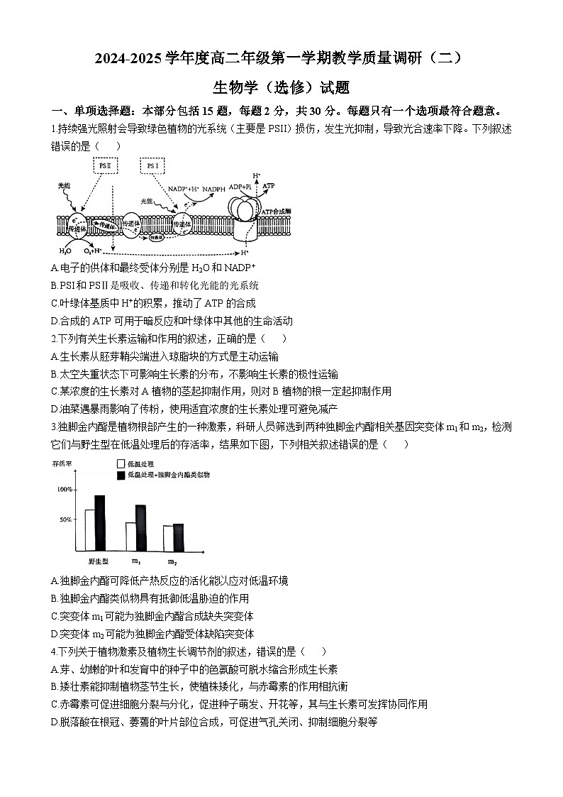 江苏省南通市如皋市2024-2025学年高二上学期11月期中生物试题(无答案)第1页