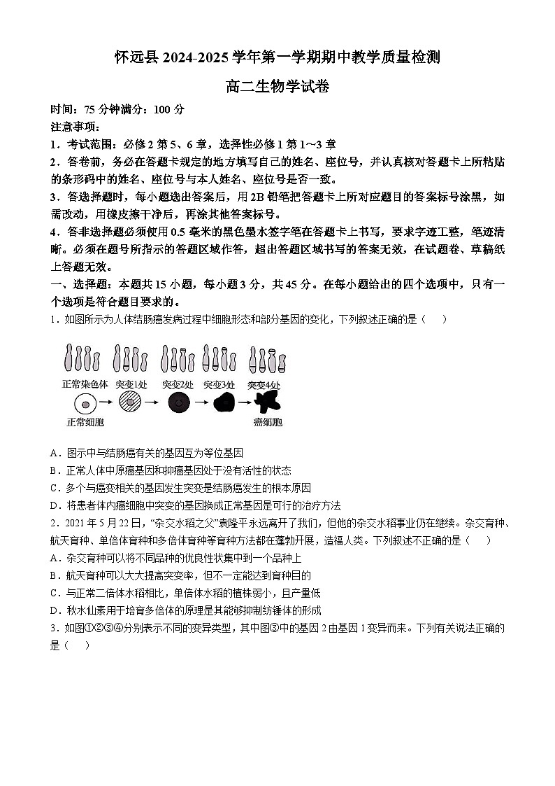 安徽省蚌埠市懷遠(yuǎn)縣2024-2025學(xué)年高二上學(xué)期11月期中考試生物試卷（Word版附答案）第1頁