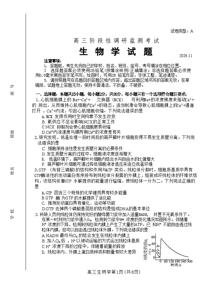 山东省潍坊市2025届高三上学期期中阶段性调研监测考试生物试题+答案第1页