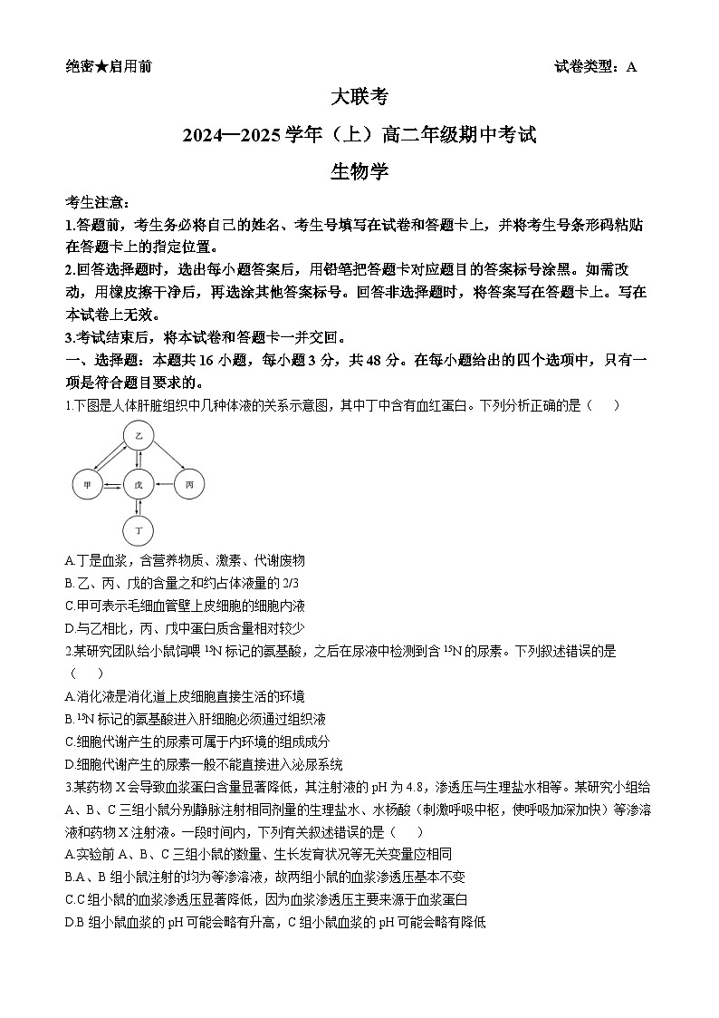 2025河南省部分学校大联考高二上学期11月期中考试生物含答案第1页