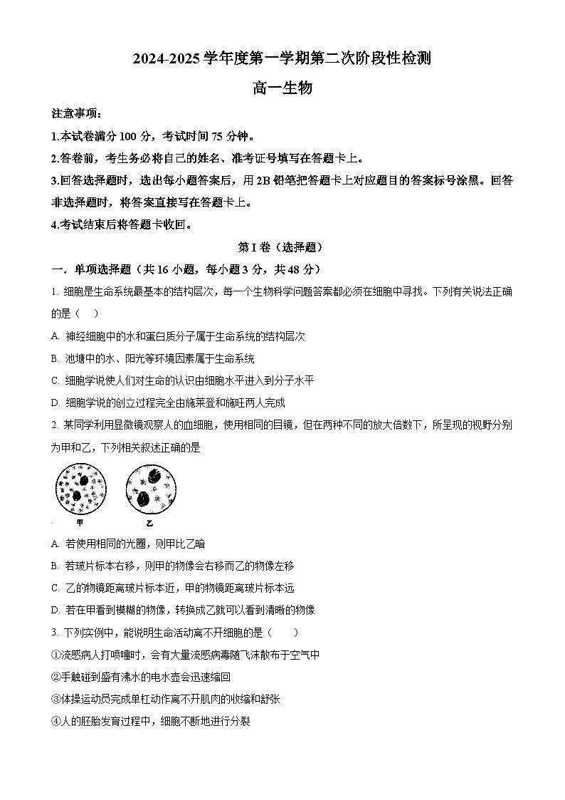 陕西省西安市部分学校联考2024-2025学年高一上学期11月期中生物试题无答案第1页