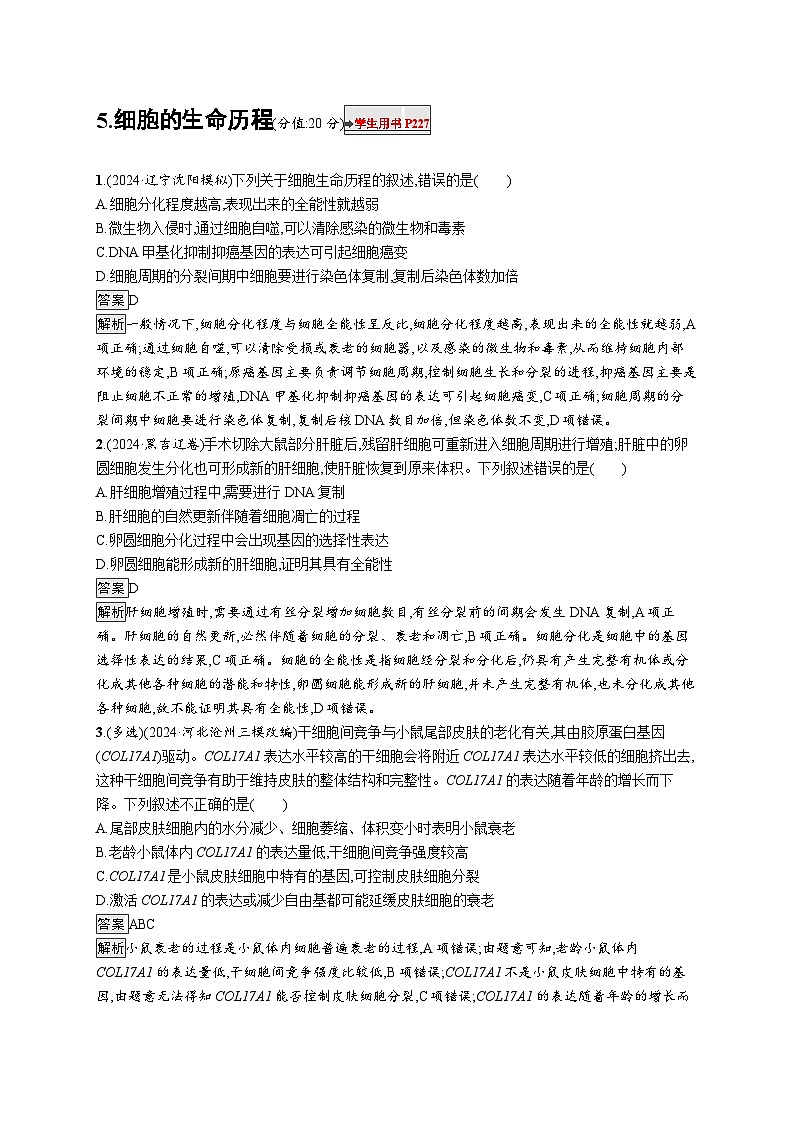 备战2025年高考二轮复习生物(河北版)知识对点小题练5细胞的生命历程(Word版附解析)第1页