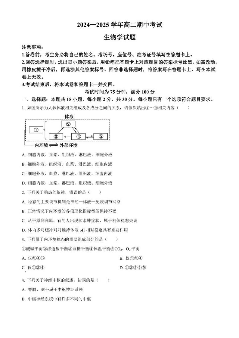 辽宁省锦州市2024~2025学年高二(上)期中生物试卷(含答案)第1页