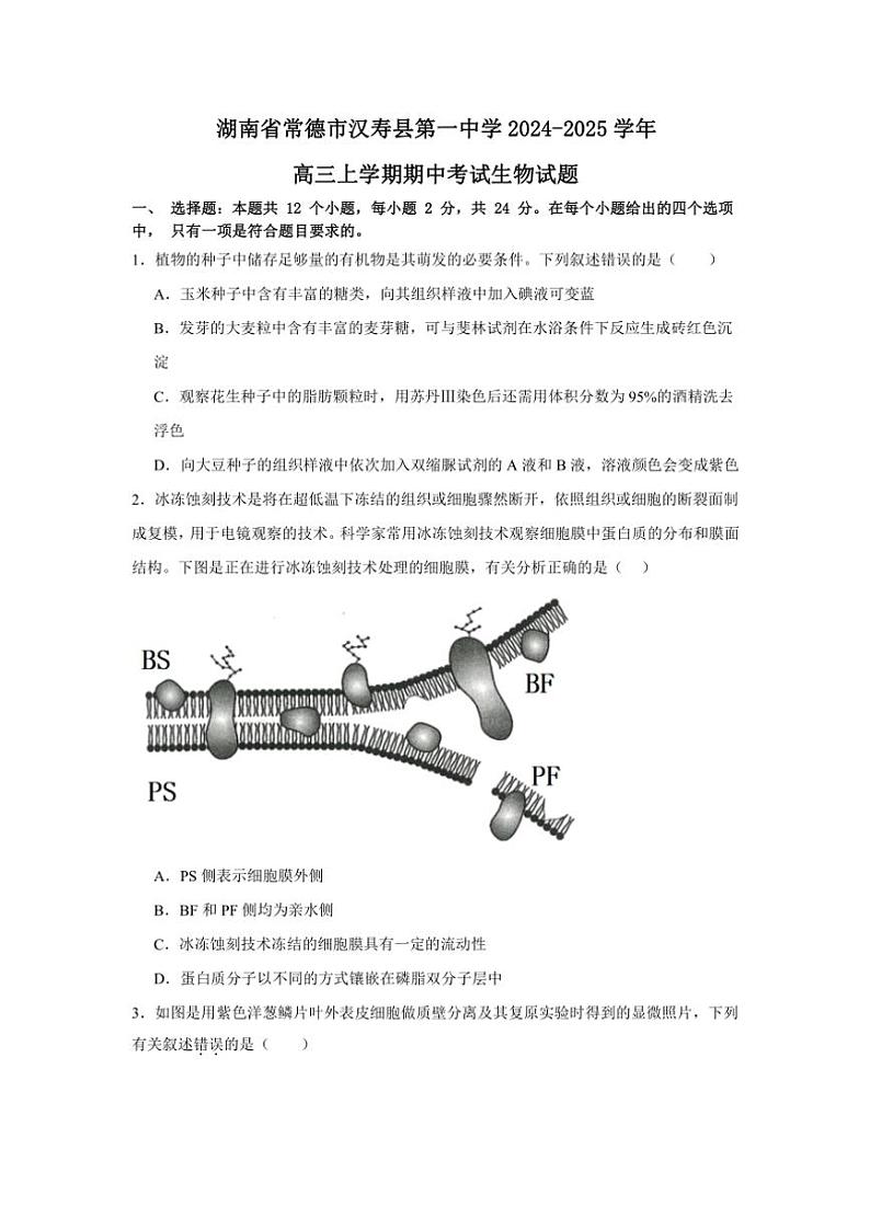 湖南省常德市汉寿县汉寿县第一中学2024~2025学年高三(上)期中生物试卷(含答案)第1页