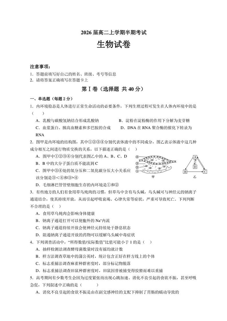 四川省眉山市仁寿县四川省仁寿第一中学校(北校区)2024~2025学年高二(上)期中生物试卷(含答案)第1页