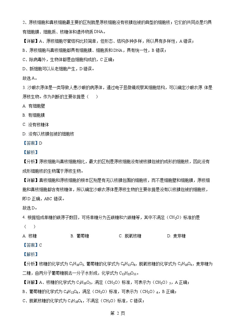 四川省内江市第七中学2024-2025学年高一上学期期中考试生物试卷(解析版)-A4第2页