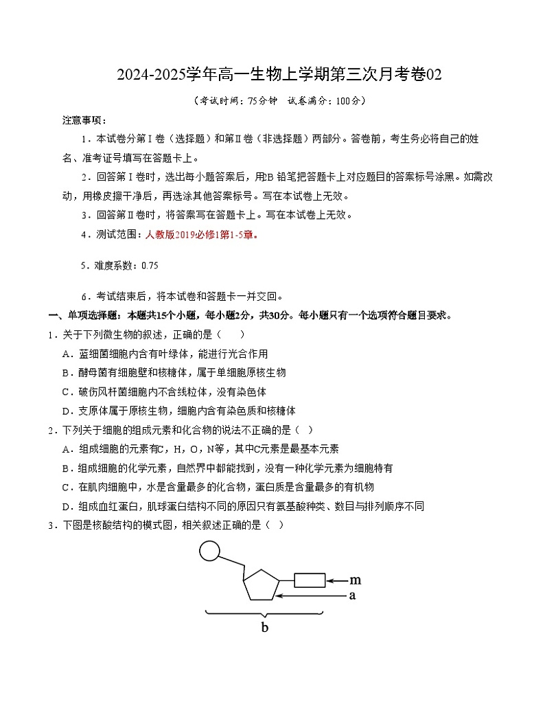 高一生物第三次月考卷02(新高考通用,多选版)2024-2025学年高中上学期第三次月考01