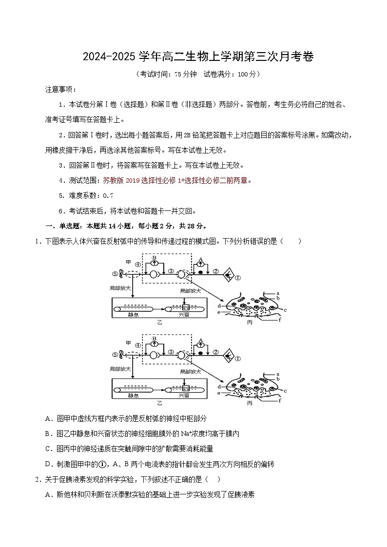 高二生物第三次月考卷(苏教版2019,选必1+选必2前2章)2024-2025学年高中上学期第三次月考01