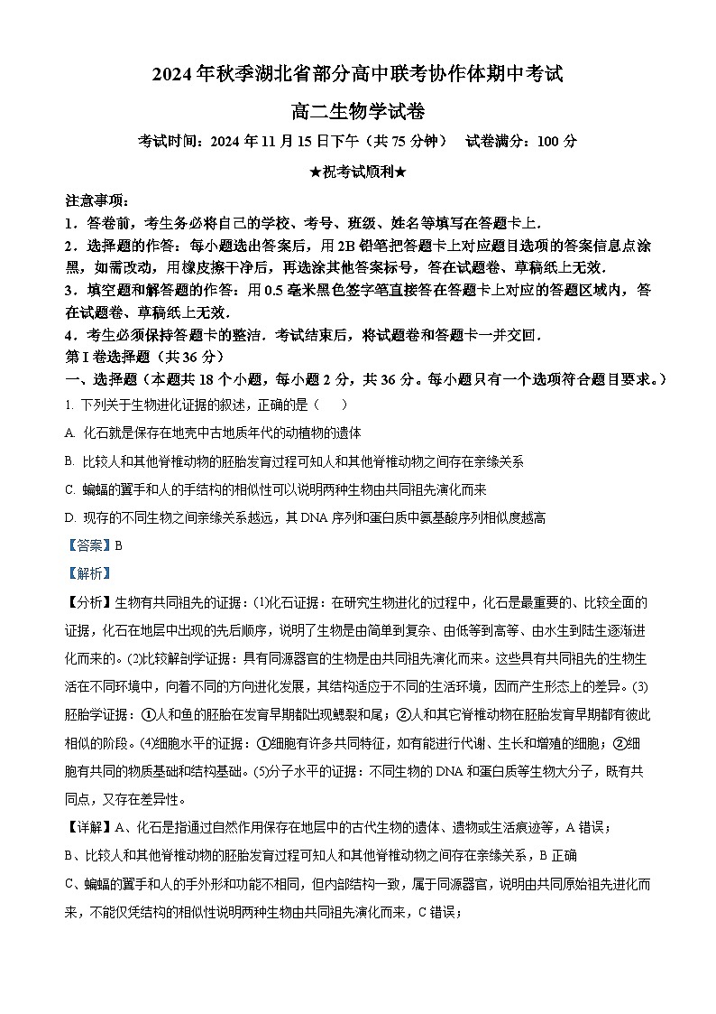 湖北省部分高中期中联考2024-2025学年高二上学期11月期中生物试题 Word版含解析第1页