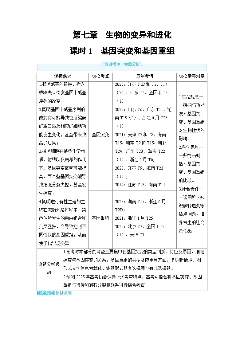 备战2025年高考生物精品教案第七章生物的变异和进化课时1基因突变和基因重组(Word版附解析)第1页