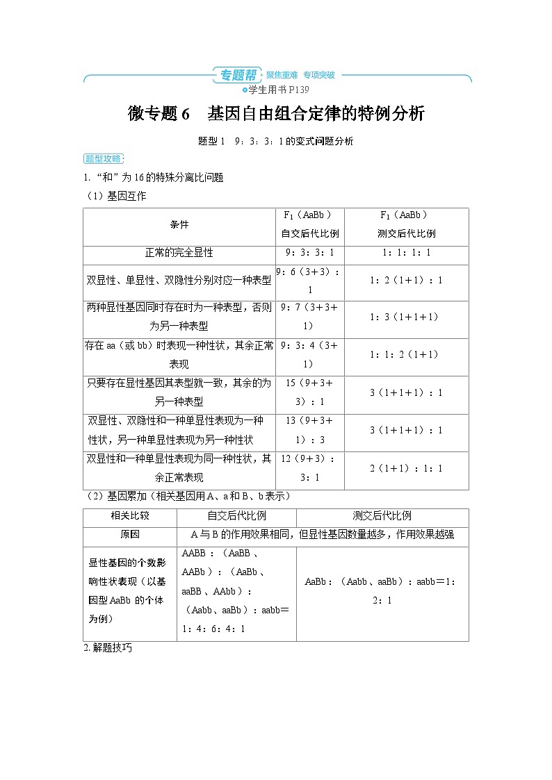 备战2025年高考生物精品教案第五章基因的传递规律微专题6基因自由组合定律的特例分析(Word版附解析)第1页