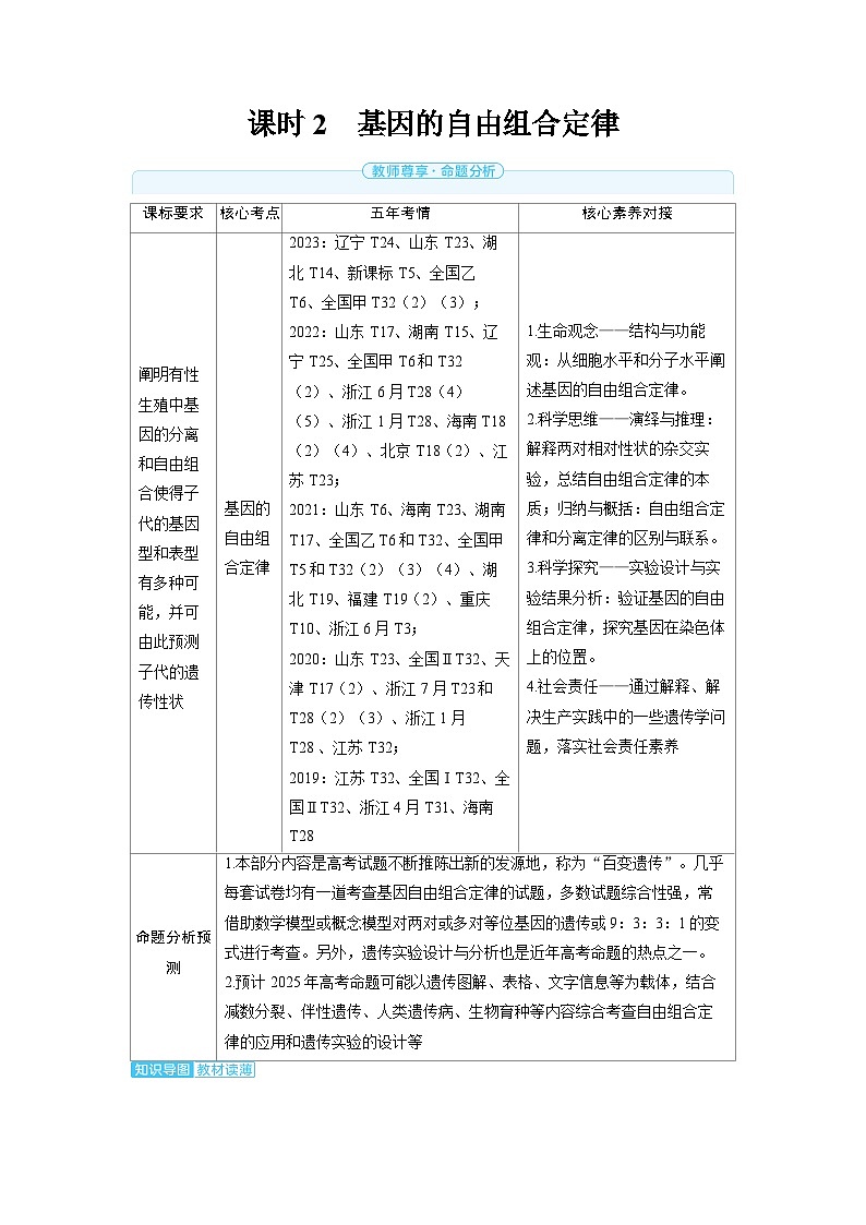 备战2025年高考生物精品教案第五章基因的传递规律课时2基因的自由组合定律(Word版附解析)第1页