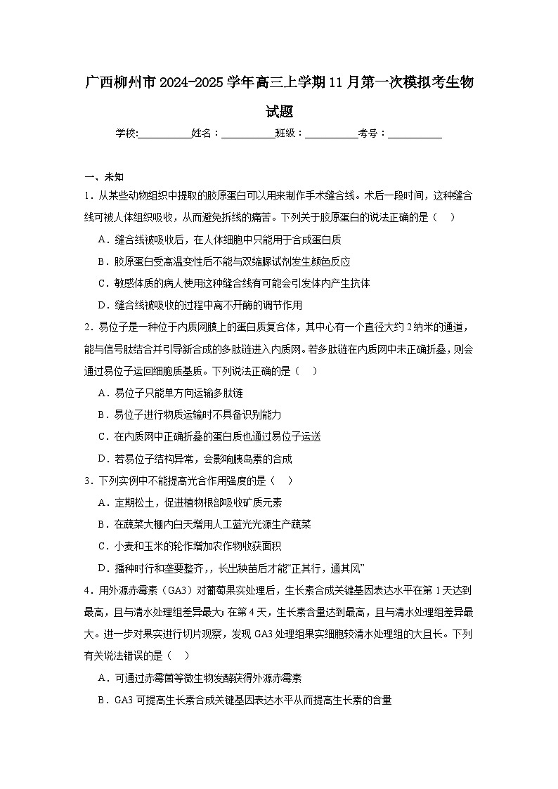 广西柳州市2024-2025学年高三上学期11月第一次模拟考生物试题第1页