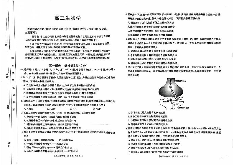 广东省广东省部分高中学校联考2024-2025学年高三上学期11月期中生物试题第1页