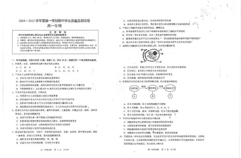 江苏省海安高级中学2024-2025学年高一上学期期中考试生物试题第1页