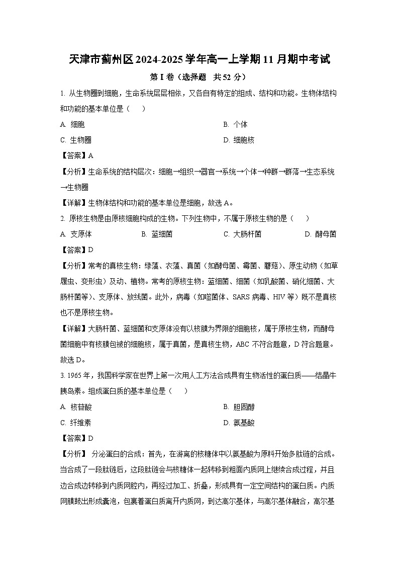 2024~2025学年天津市蓟州区高一(上)11月期中考试生物试卷(解析版)第1页